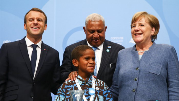 Pictured: French President, Emmanuel Macron, German Chancellor, Angela Merkel, and the COP23 President, Voreqe Bainimarama