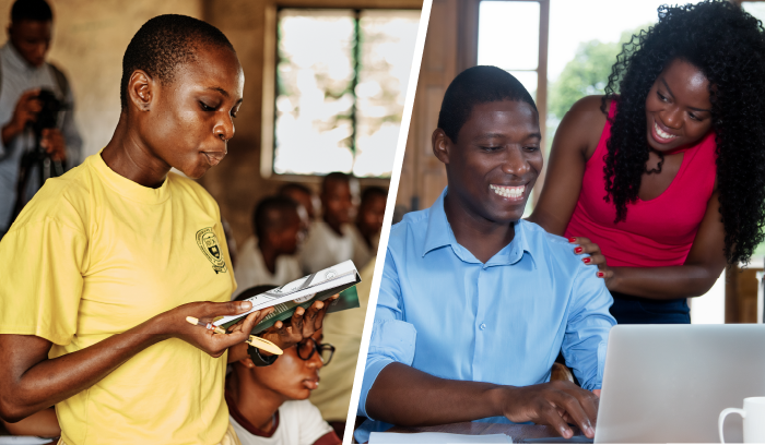 African teacher in a classroom and African couple learning with a computer