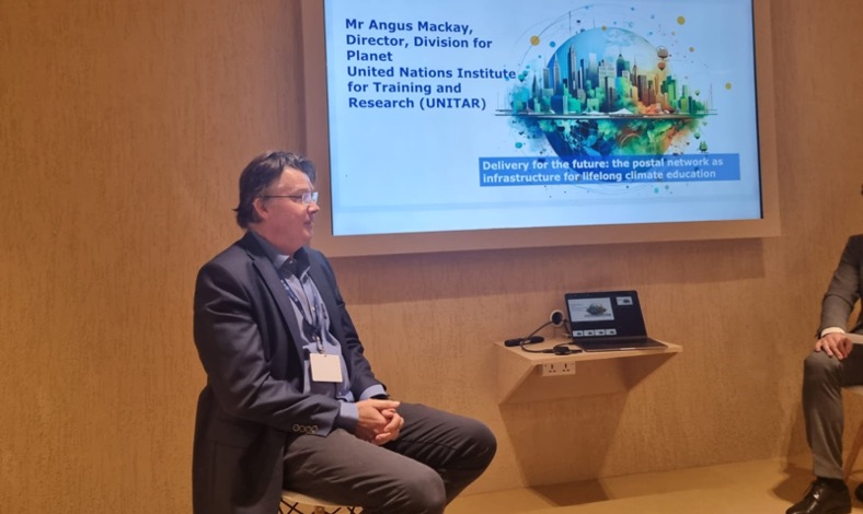 Mr. Angus Mackay, Director, Division for Planet, UNITAR, and Head of the UN CC:Learn Secretariat at the “Delivery for the future: The postal network as infrastructure for lifelong climate education’’ event.