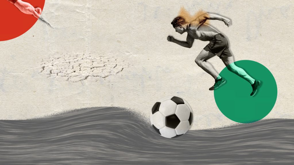 Collage with runner running and football, on a beige background