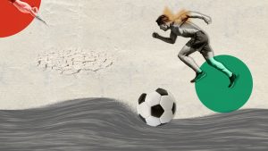 Collage with runner running and football, on a beige background